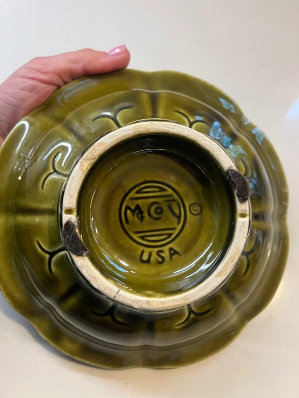 Mccoy Olive-Glaze Scalloped Footed Bowl